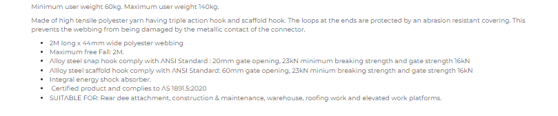 Lanyard Double Webbing Snap/Scaffold Hook Complies AS1891.5 - Image 2