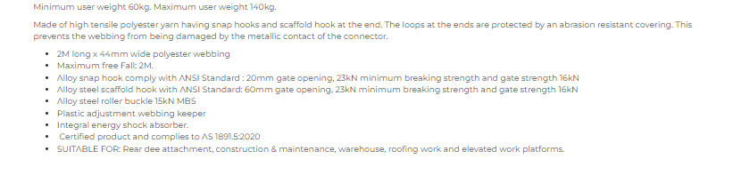 Lanyard Single Adjustable with Scaffold/Snap Hook Complies AS1891.5 - Image 2
