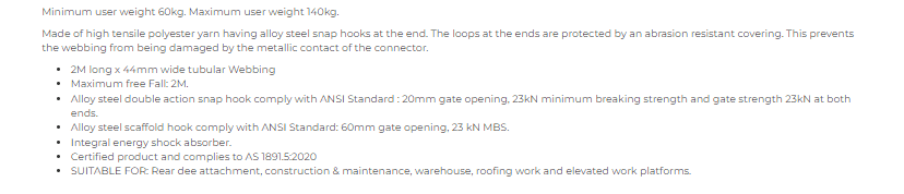 Lanyard Single Elasticated Webbing 2M ANSI T/A Hook and Scaffold hook - Image 2